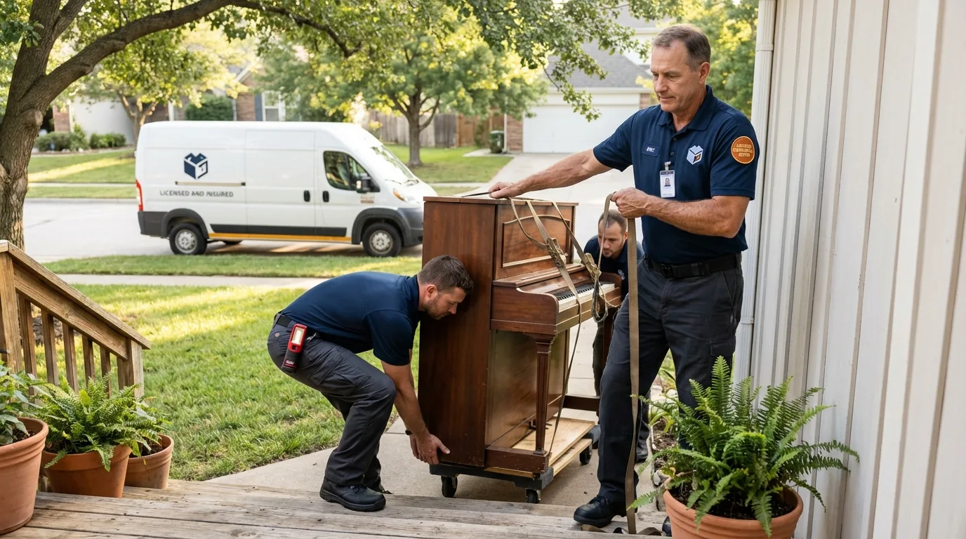 Licensed piano movers securing grand piano in Grand Saline, TX
