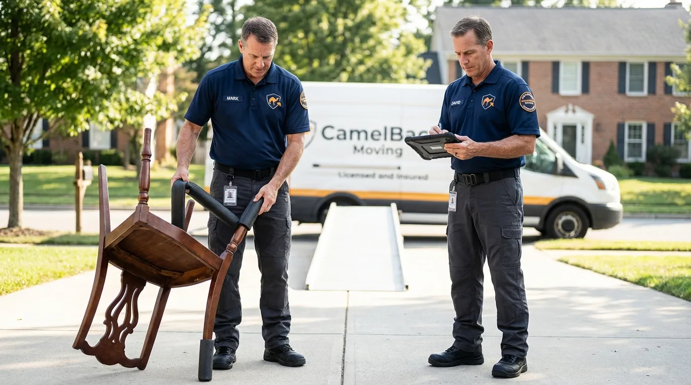 Movers inspecting furniture for damage prevention before loading in Grand Saline, TX