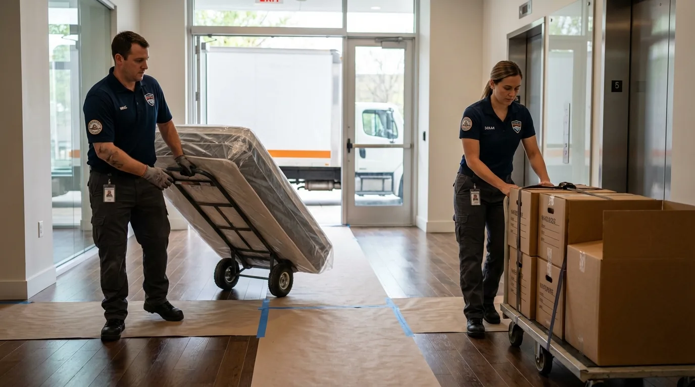 Professional apartment movers loading elevator in Grand Saline, TX